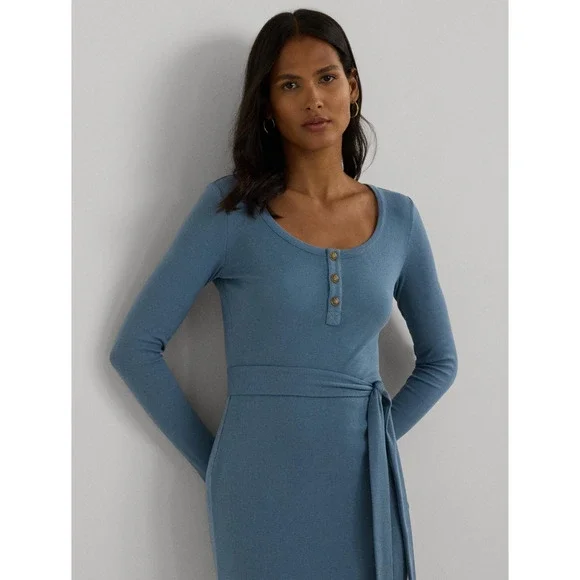 Lauren Ralph Lauren Women Belted Rib Knit Henley Dress Blue Dusk Size S - Picture 4 of 5